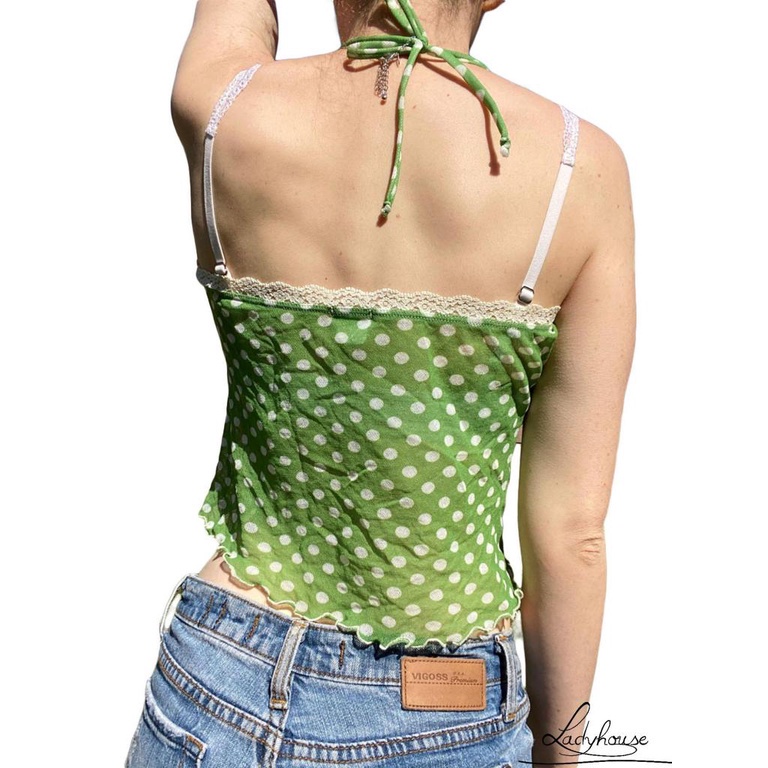 Áo croptop cổ thuyền buộc dây họa tiết chấm bi ôm dáng dành cho nữ