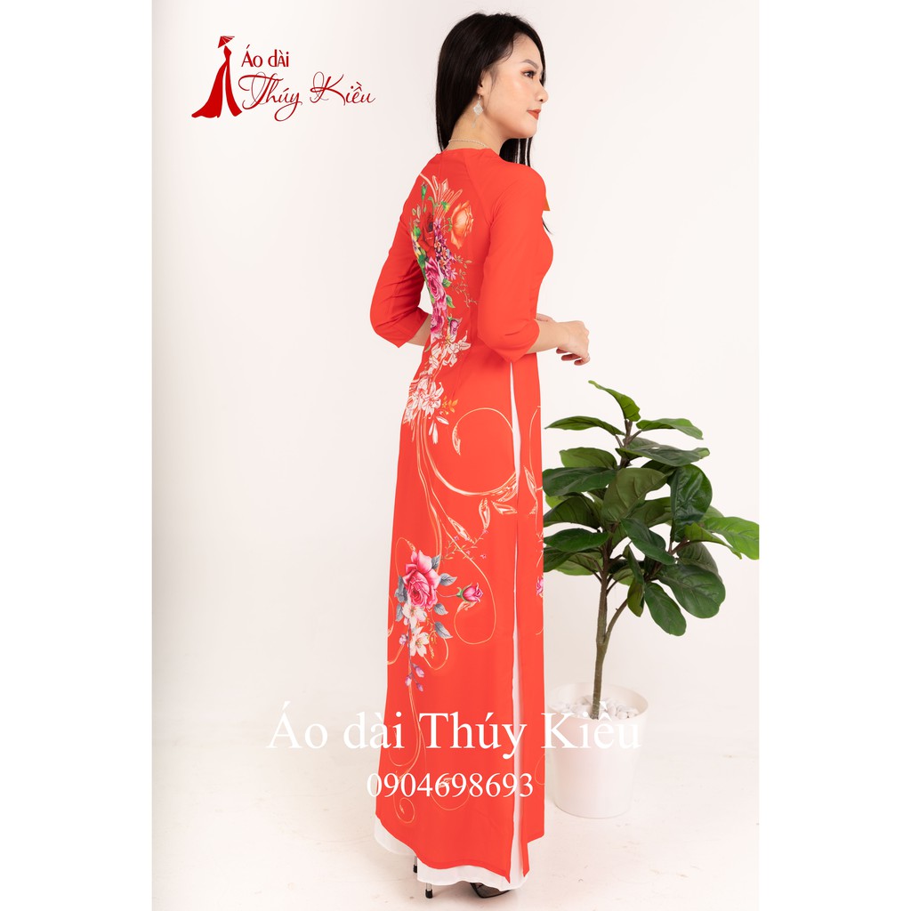 Áo dài Thúy Kiều in 3D lụa Nhật đỏ hoa hồng dây K45