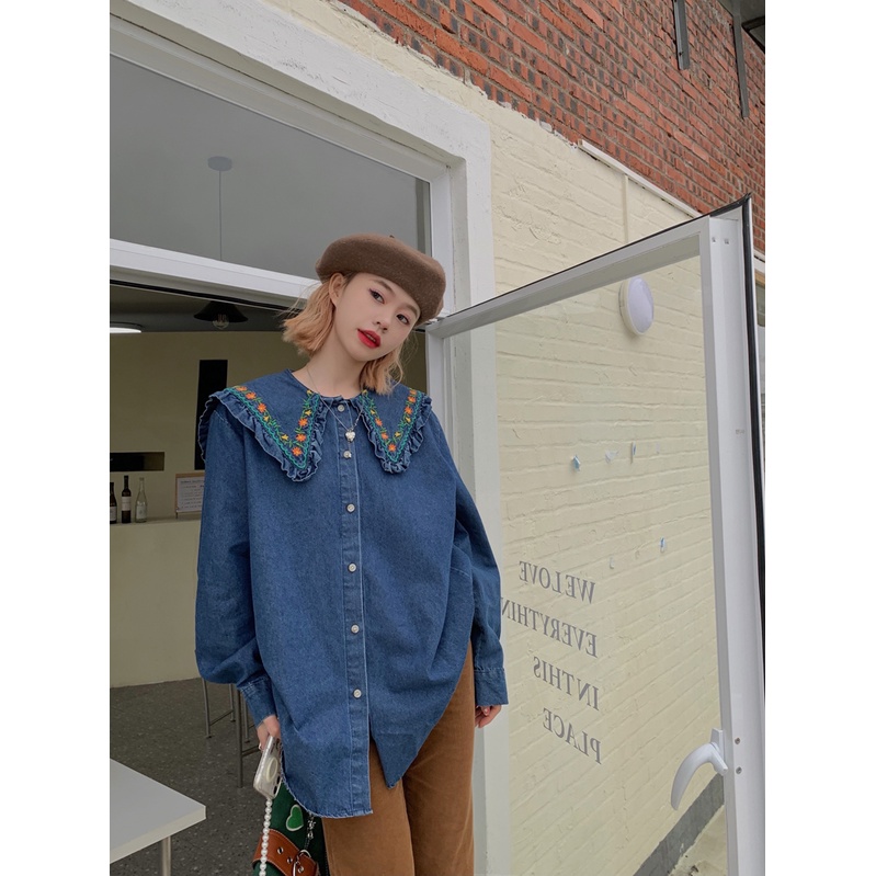 Hàng Mới Về Mới Áo Khoác Denim Cổ Búp Bê Thêu Hoa Dáng Rộng Thời Trang Mùa Xuân 2022 Cho Nữ