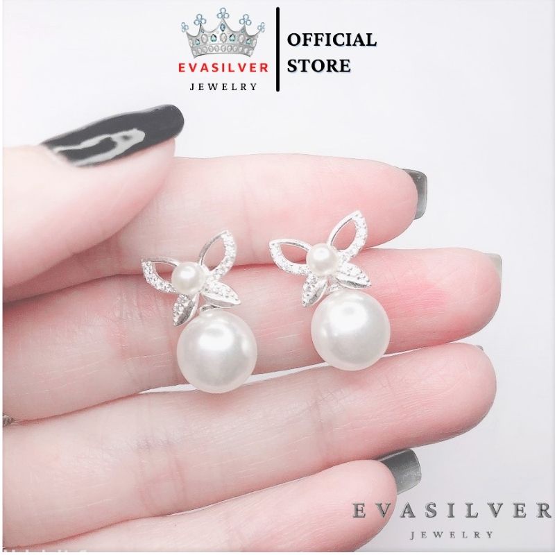 Bông tai bạc Evasilver hình cánh hoa đính ngọc trai, Khuyên tai chất liệu bạc thật cao cấp sang trọng