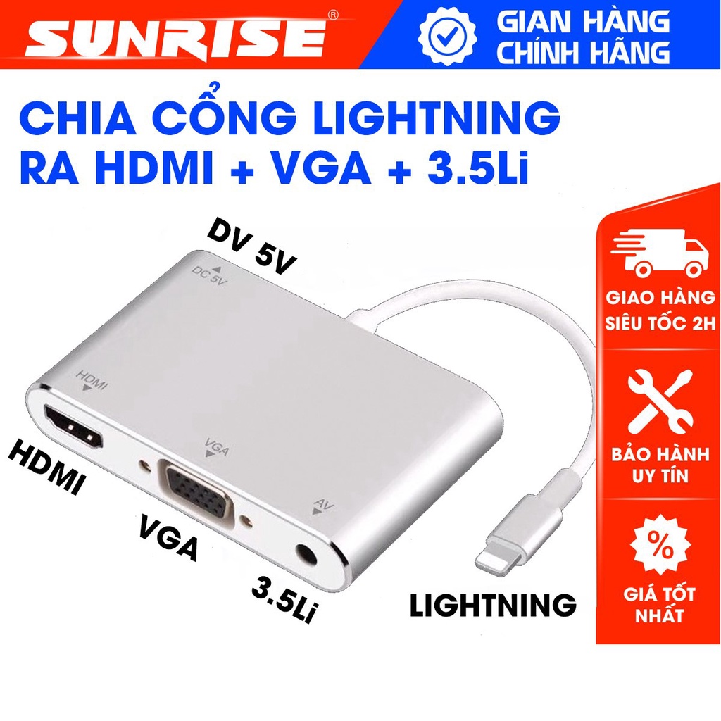 Cáp chia cổng lightning xuất ra hdmi, vga, audio 3.5mm , Dây chuyển Tín dùng cho màn hình tivi, máy chiếu