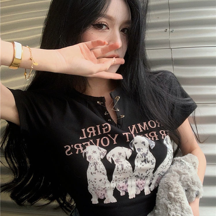 COZOK Áo Thun Tay Ngắn Cổ Chữ V In Họa Tiết Hoạt Hình Độc Đáo Phong Cách Hồng Kông Cá Tính