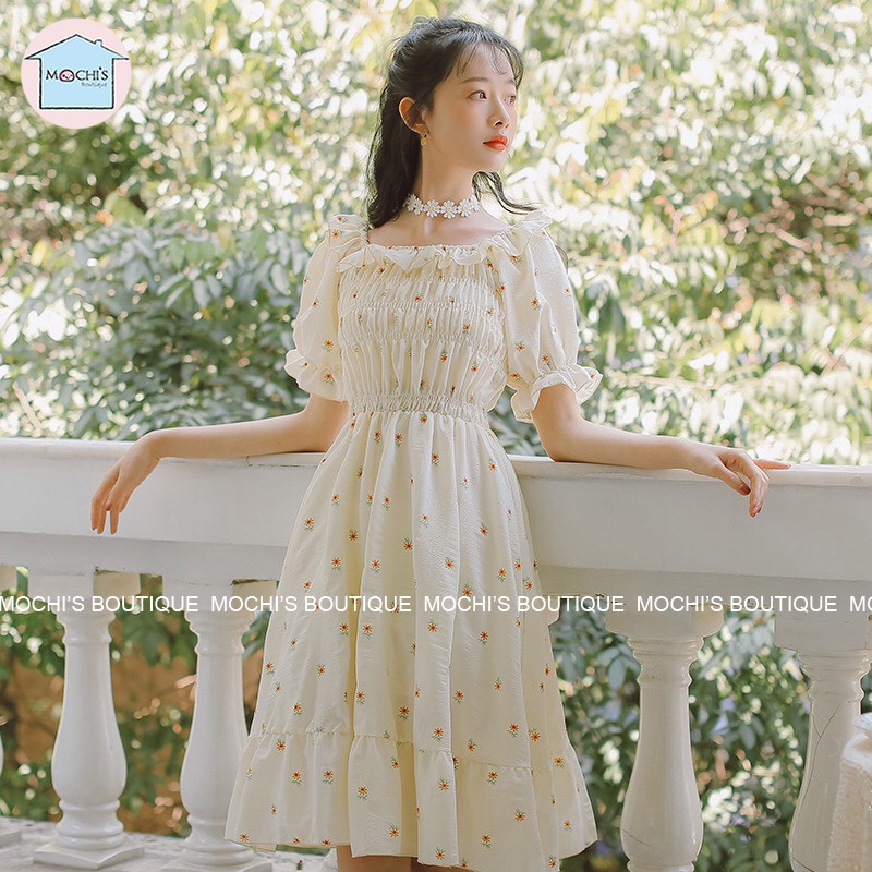 Váy đầm bánh bèo dáng xòe họa tiết hoa, mẫu váy đầm nữ đẹp mặc được 2 kiểu trễ vai hoặc cổ vuông, tiện lợi-M010 | BigBuy360 - bigbuy360.vn