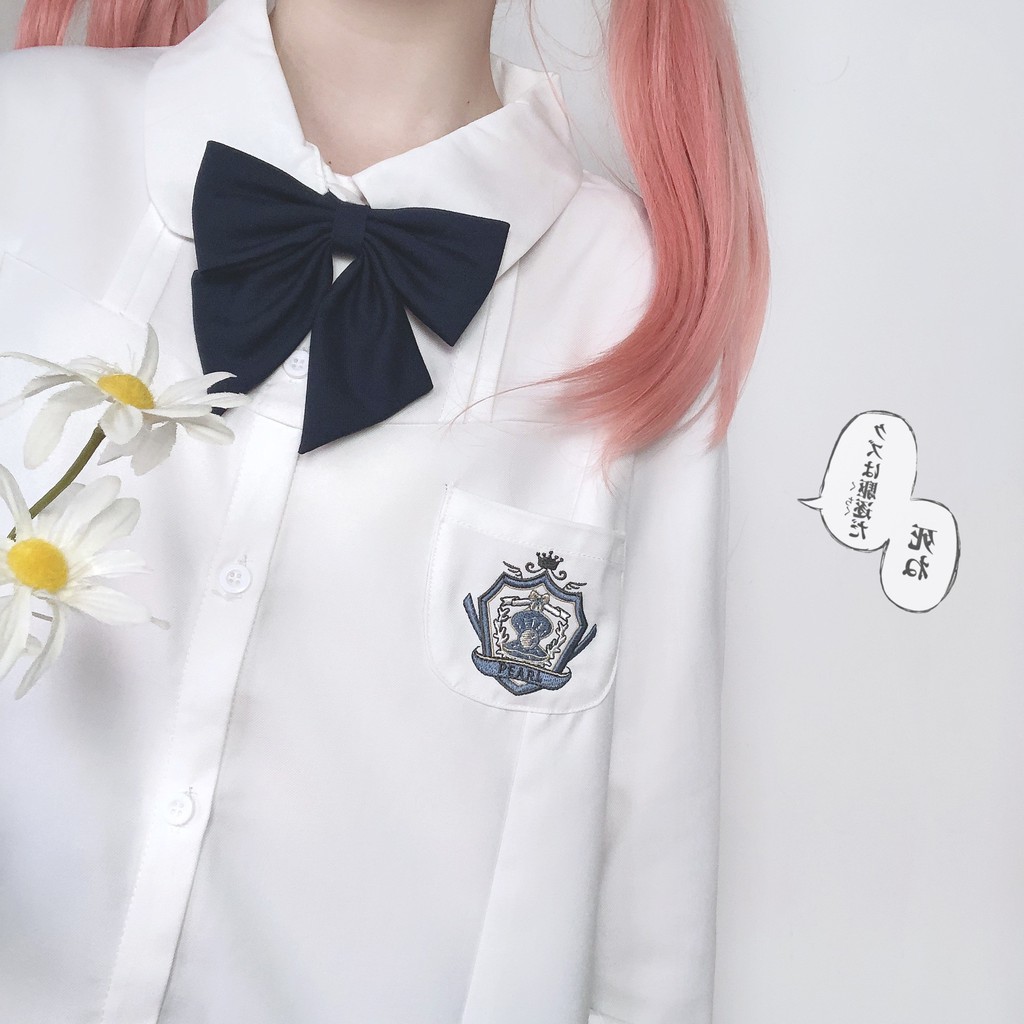 Áo blouse BL tay dài đồng phục Seifuku có xếp ly thêu huy hiệu ngọc trai