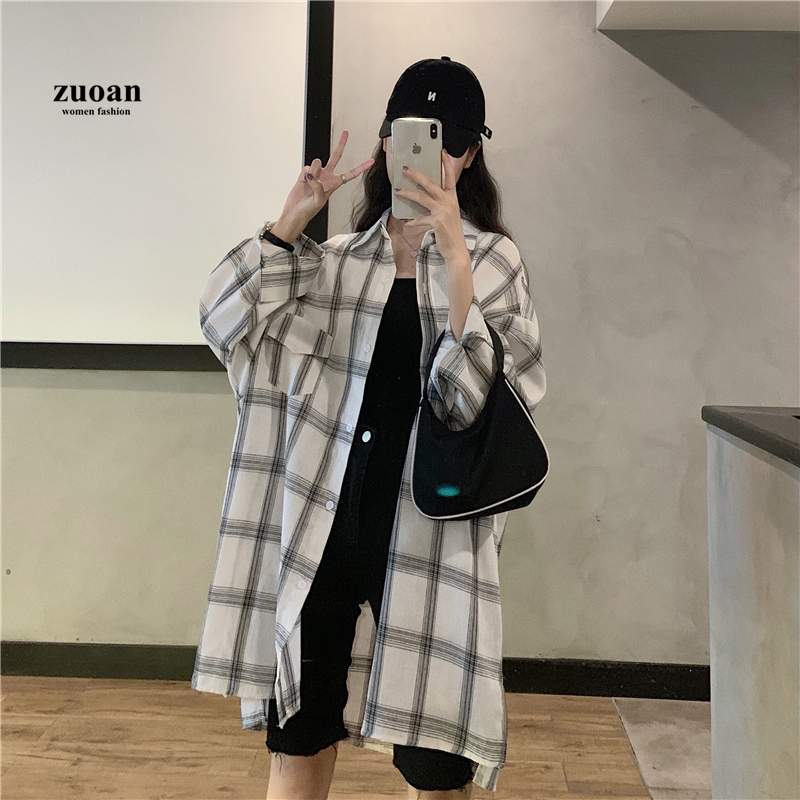 SUXI Áo sơ-mi tay dài họa tiết kẻ ca rô hợp thời trang cho nữ