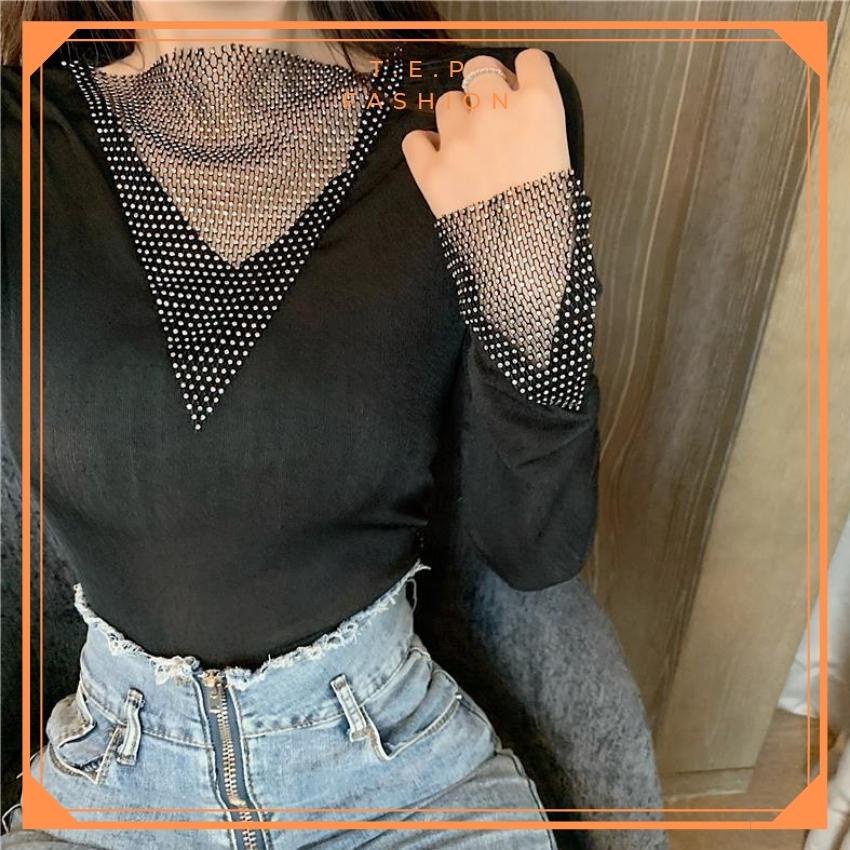 [SIÊU HOT] ÁO THUN DÀI TAY CỔ V ĐÍNH ĐÁ , ÁO GIỮ NHIỆT TRỜI TRANG ĐÍNH ĐÁ PHONG CÁCH TEP FASHION - ADT010