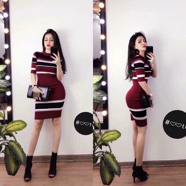 Đầm len body sọc hàng cao cấp