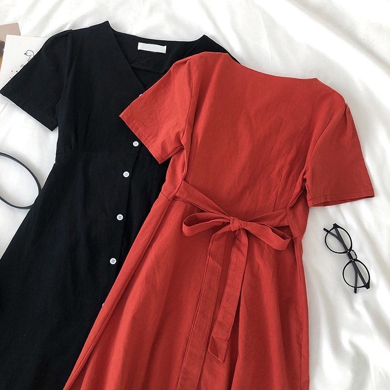 Đầm Tay Ngắn Cổ Chữ V Phong Cách Retro Hong Kong Thời Trang Mùa Hè Cho Nữ