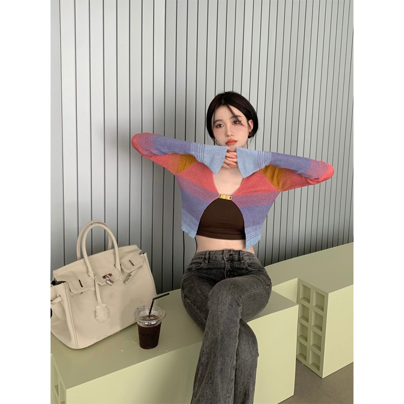 QADCOL Áo Khoác Cardigan Dệt Kim Tay Dài Dáng Ngắn Mỏng Nhẹ Họa Tiết Kẻ Sọc Thời Trang Mùa Hè Phong Cách Cổ Điển Cho Nữ