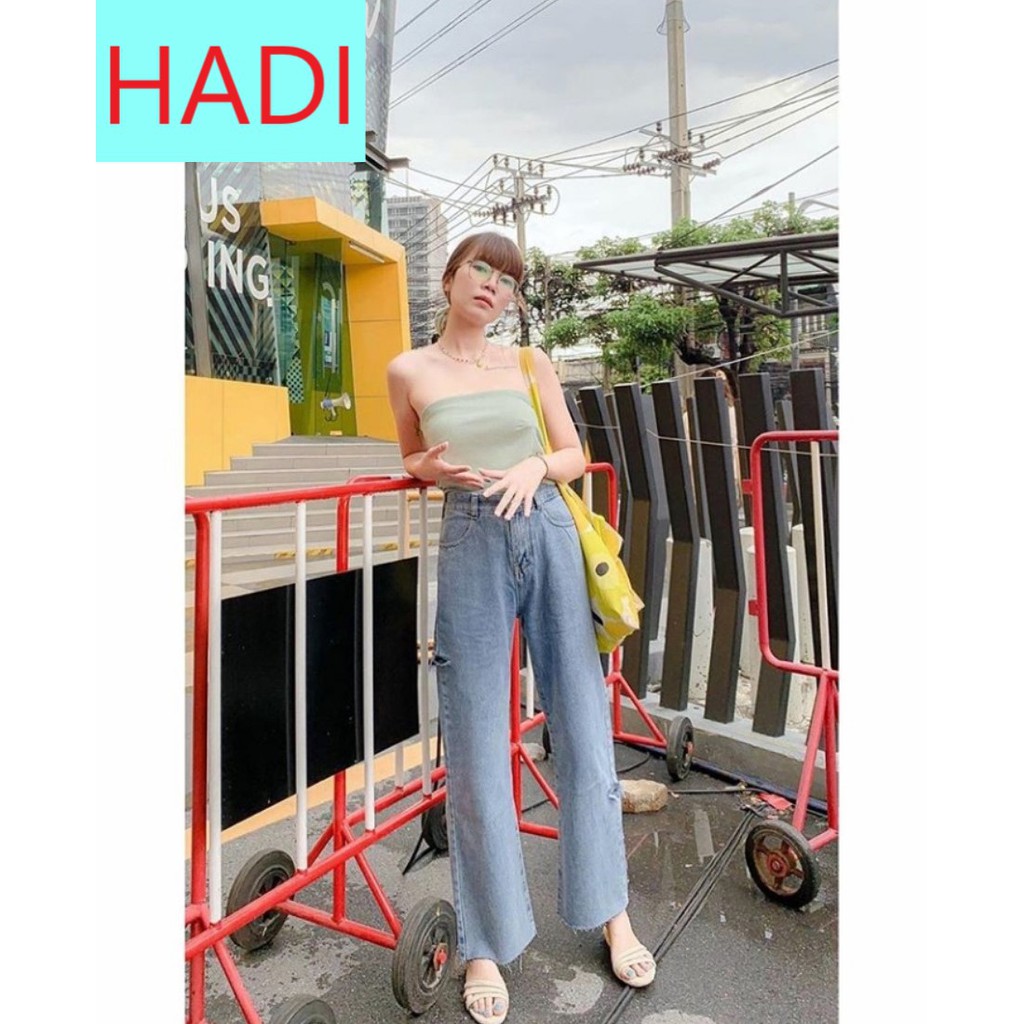 QUẦN JEAN ỐNG RỘNG NỮ LƯNG CAO RÁCH 2 BE LỆCH LAI TUA MÀU XANH NHẠT CAO CẤP HADI