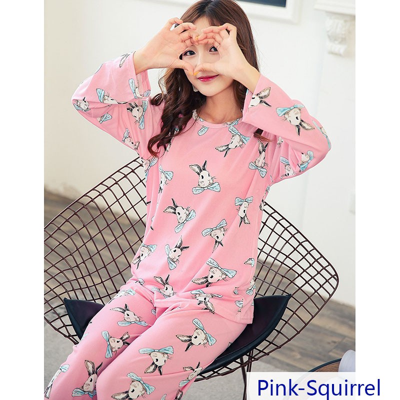 Autumn Long Sleeve Cute Cartoon Animal Print Milk Fiber Sleepwear Women Pajama Set Home Clothing