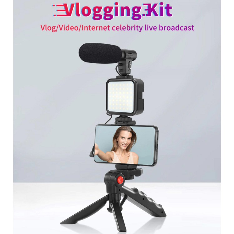 Giá Đỡ Điện Thoại Kèm Micro Thu Âm, Có Đèn LED Quay Vlog Shot Kit - Chụp Ảnh - Quay Video - TikTok - Livestream