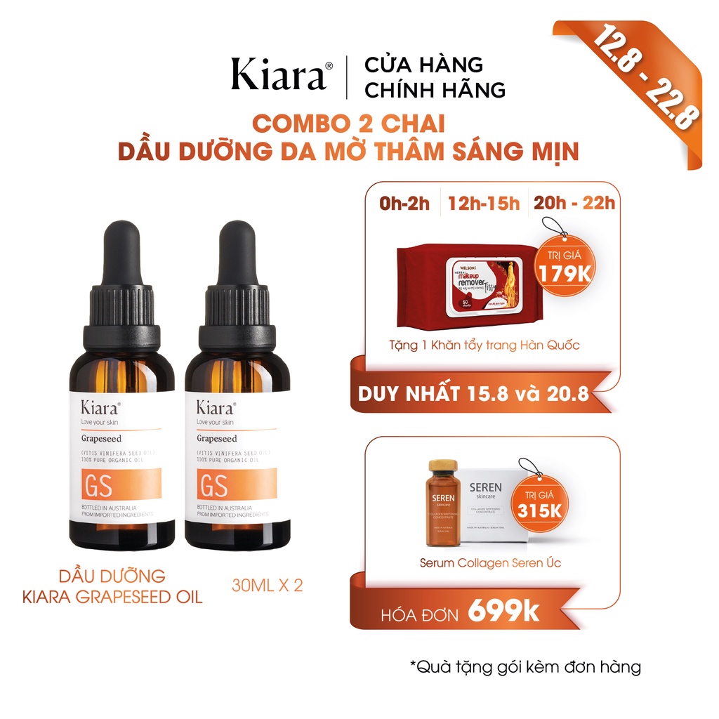 Combo 2 chai Dầu dưỡng ẩm mờ thâm sáng da Kiara Grapeseed Oil 2x30ml