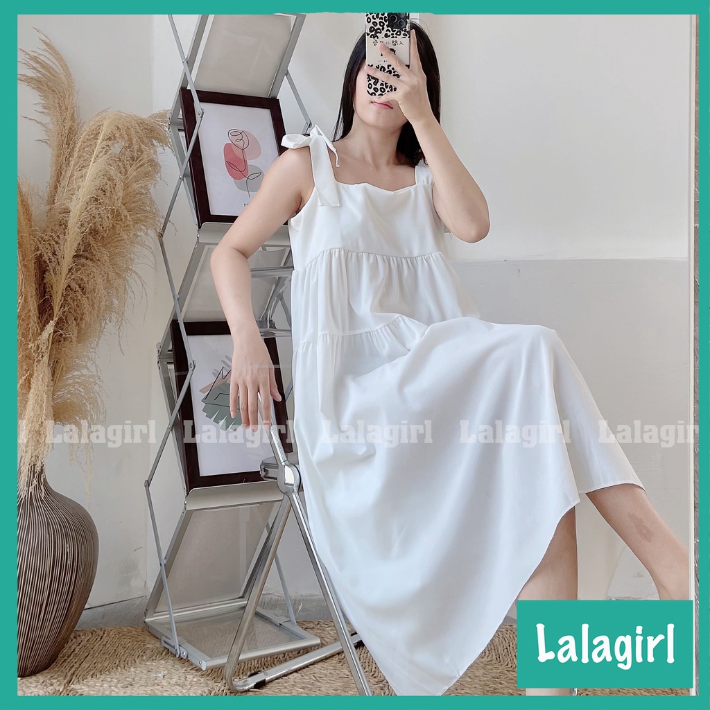 Váy Đầm Nữ 2 Dây Bản To Buộc Nơ 3 Tầng, Váy Nữ Babydoll Trơn Dáng Dài 2 Màu