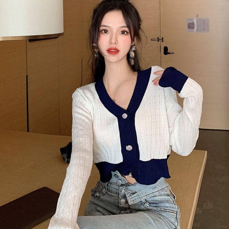 Áo cardigan dệt kim tay dài cổ chữ V phối màu tương phản thời trang Hàn Quốc trẻ trung