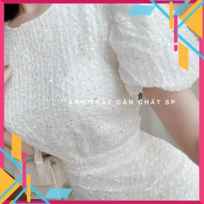Đầm Dự Tiệc Tay Phồng Ren Trắng Đen Phối Sợi Kim Tuyến Lấp Lánh Nhún Đuôi Cá Lisa Dress Hè 2021 !