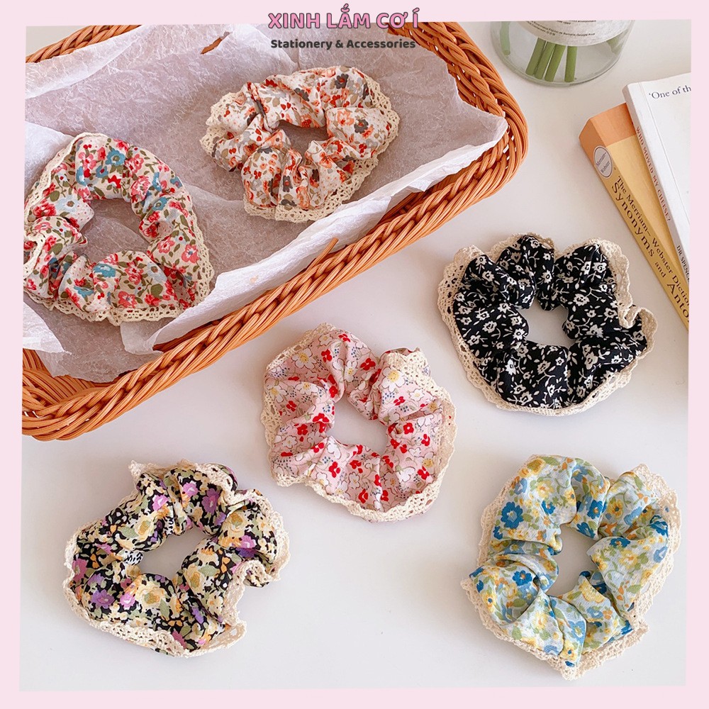 Dây Cột Tóc Nữ Scrunchies Hoa Lá Viền Ren Họa Tiết Xinh Xắn Viền Ren Điệu Đà [Xinh Lắm Cơ Í]