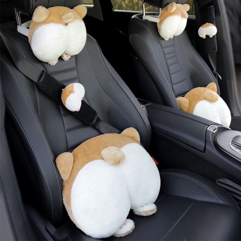 Combo 3 món chó corgi gối dựa đầu, gối tựa lưng xe ôt xe hơi, đai an toàn cho xe oto/ xe hơi/ ghế văn phòng