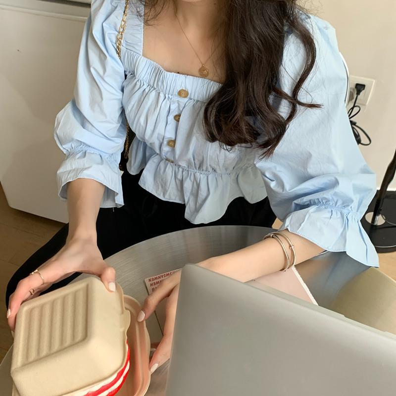 Áo sơ mi tay dài cổ vuông dáng ôm phong cách Pháp thời trang cho nữ | BigBuy360 - bigbuy360.vn