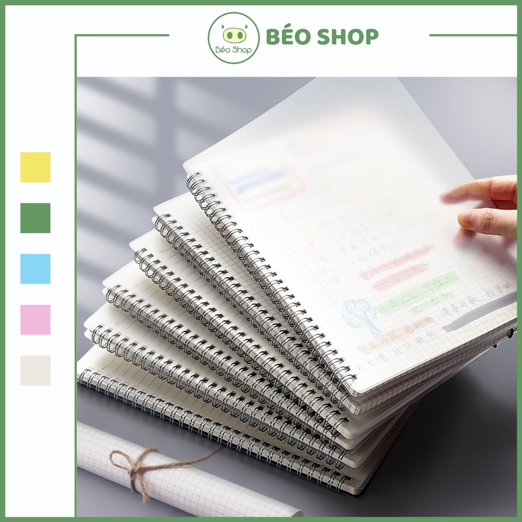 Sổ gáy lò xo size B5 Béo shop 160 trang có dòng kẻ, sổ ghi chép còng xoắn bìa nhựa trong mờ bullet journal