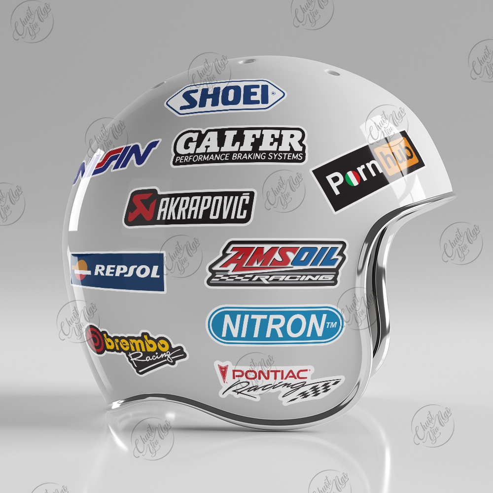 Combo 10 logo tem xe decal sticker trang trí xe máy nón bảo hiểm akrapovic shoei galfer brembo repsol nitron amsoil