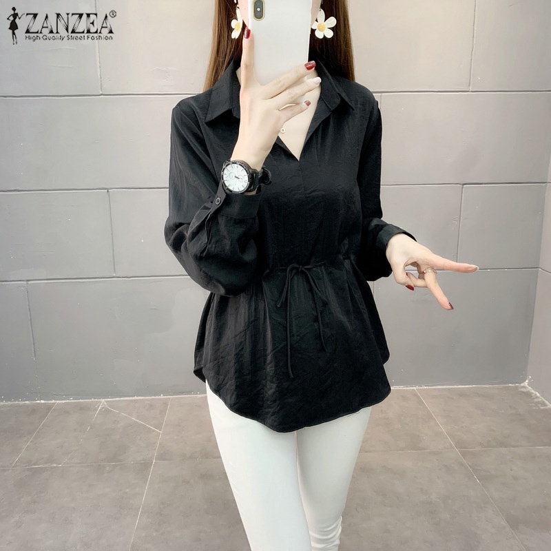 Áo sơ mi Zanzea cổ bẻ dáng rộng màu trơn phối dây rút thời trang trẻ trung cho nữ