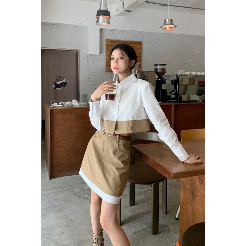 「MOTEL7」Bộ Áo Sơ Mi Dáng Rộng + Chân Váy Ngắn Chữ A Lưng Cao Phối Màu Tương Phản Thời Trang Cho Nữ