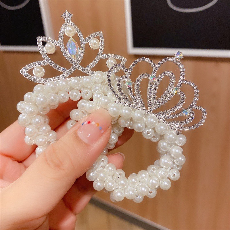 Dây buộc tóc đính đá vương miện, búi tóc đính đá vương miện ngọc trai siêu xinh cho bé gái