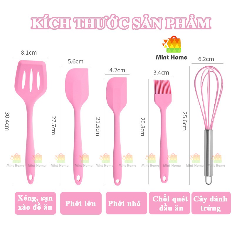 Bộ dụng cụ làm bánh 5 món silicon, nấu ăn, trà sữa, chè gồm chổi, spatula trộn bột, đánh trứng, xẻng silicone chịu nhiệt