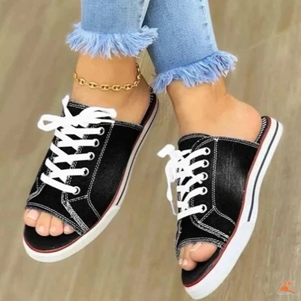 #dep Lê# Women Sandals One Pedal Canvas Slippers Comfortable Flat Sandals for Summer Party