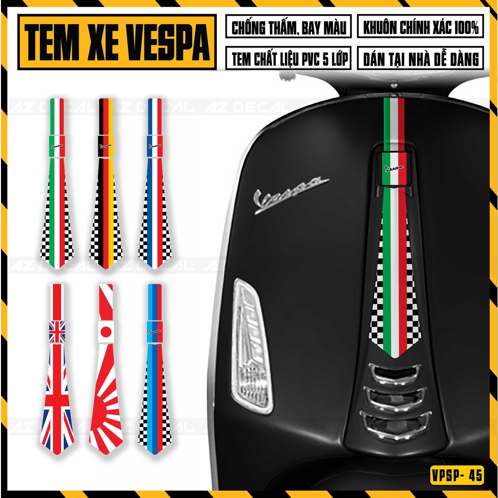 Tem Vespa Sprint / Primavera Thiết Kế Cờ Các Nước Anh Pháp Đức Nhật .. | VPSP45 | Decal Dán Xe Máy Vespa Chống Nước