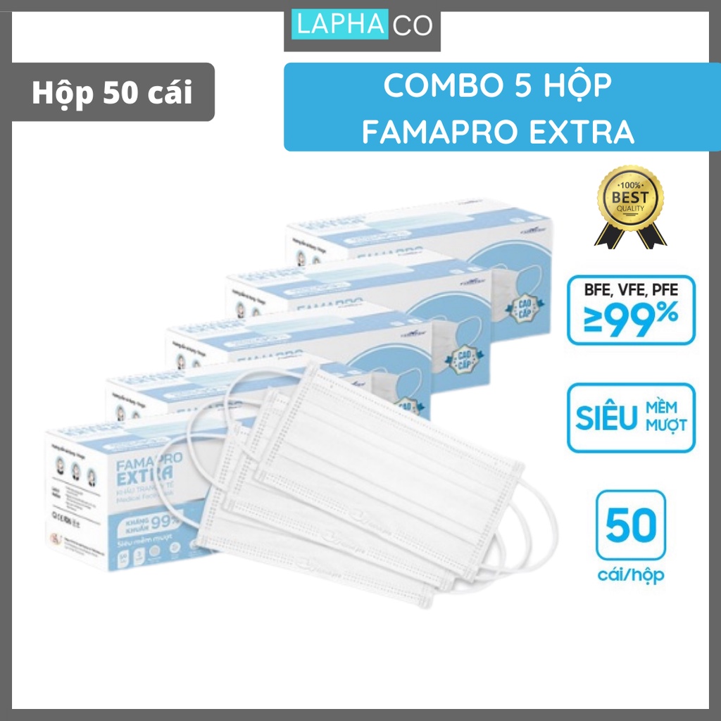 [Extra- COMBO 5- HỘP 50 CÁI] Khẩu trang y tế kháng khuẩn 4 lớp Famapro Extra (50 cái/ hộp)