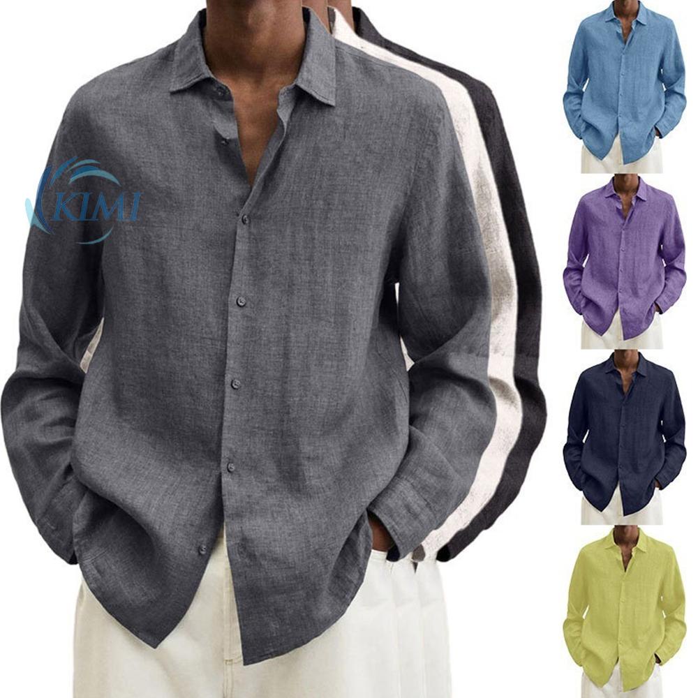 KIMI-Mens Long Sleeve Soild Buttons Cotton Linen Casual Loose Tops Shirt Plus Size