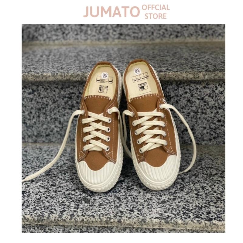 Giày sục thể thao nữ thêu chữ N.Y đạp gót đế bánh mì 3cm màu nâu tây hot trend 2022 JUMATO