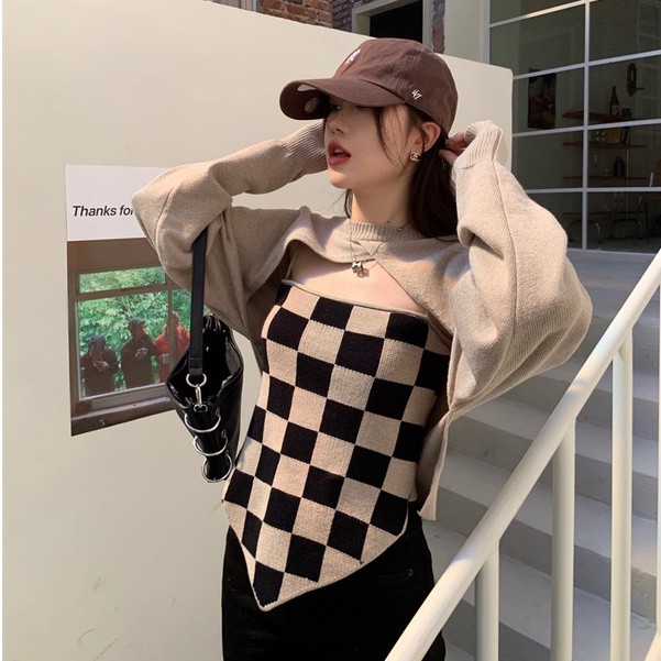 QADCOL Set áo hai dây và áo khoác len họa tiết ca rô thời trang dành cho nữ