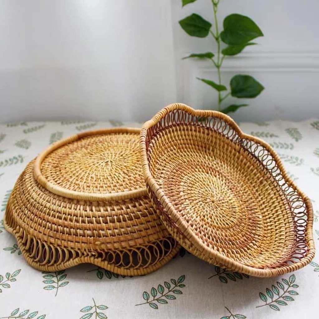 Khay mây Vintage hình hoa sen bộ 2 cái dùng để đựng bánh, đồ ăn, quả, bánh kẹo, decor - Hàng xuất Nhật