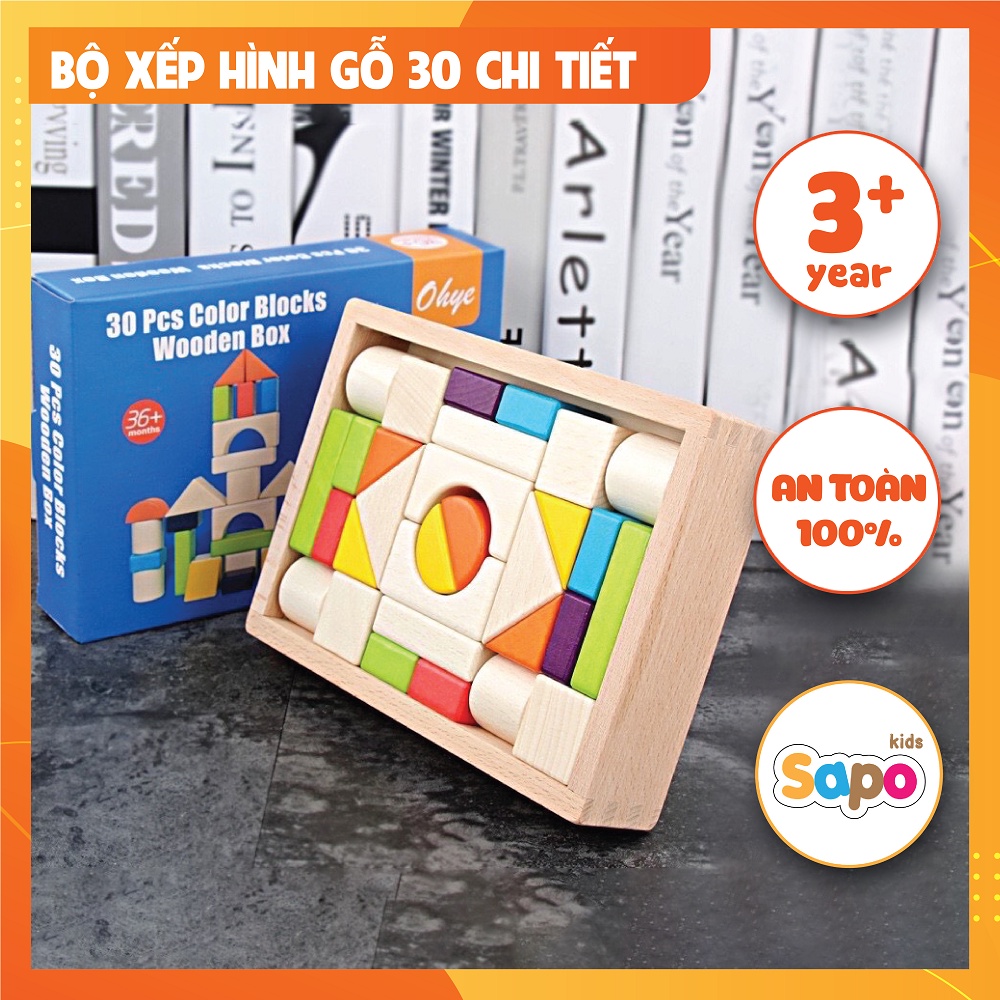 Đồ chơi hình khối,bộ xếp hình 30 khối gỗ cho bé sapo kids