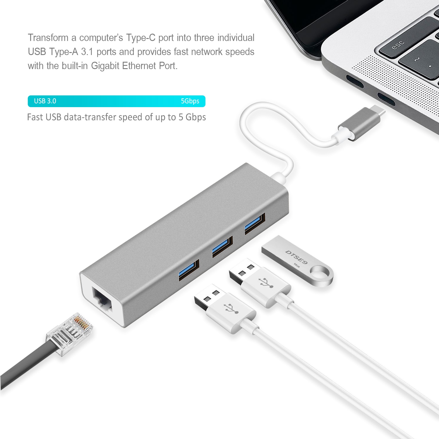 Bộ Chia 3 Cổng Usb 3.0 Hub Ethernet Rj45 Lan Usb C Hub Cho Macbook Pro Pc