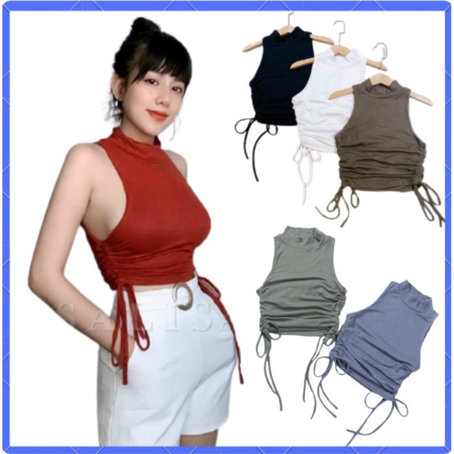 Áo Croptop CRT Thun Gân 3 Lỗ Cổ Lọ Rút Dây 2 Bên Áo Crop Top Sát Nách Hai Lớp Sexy Thắt Nơ Màu Đỏ Đen Trắng Xám Da Xanh