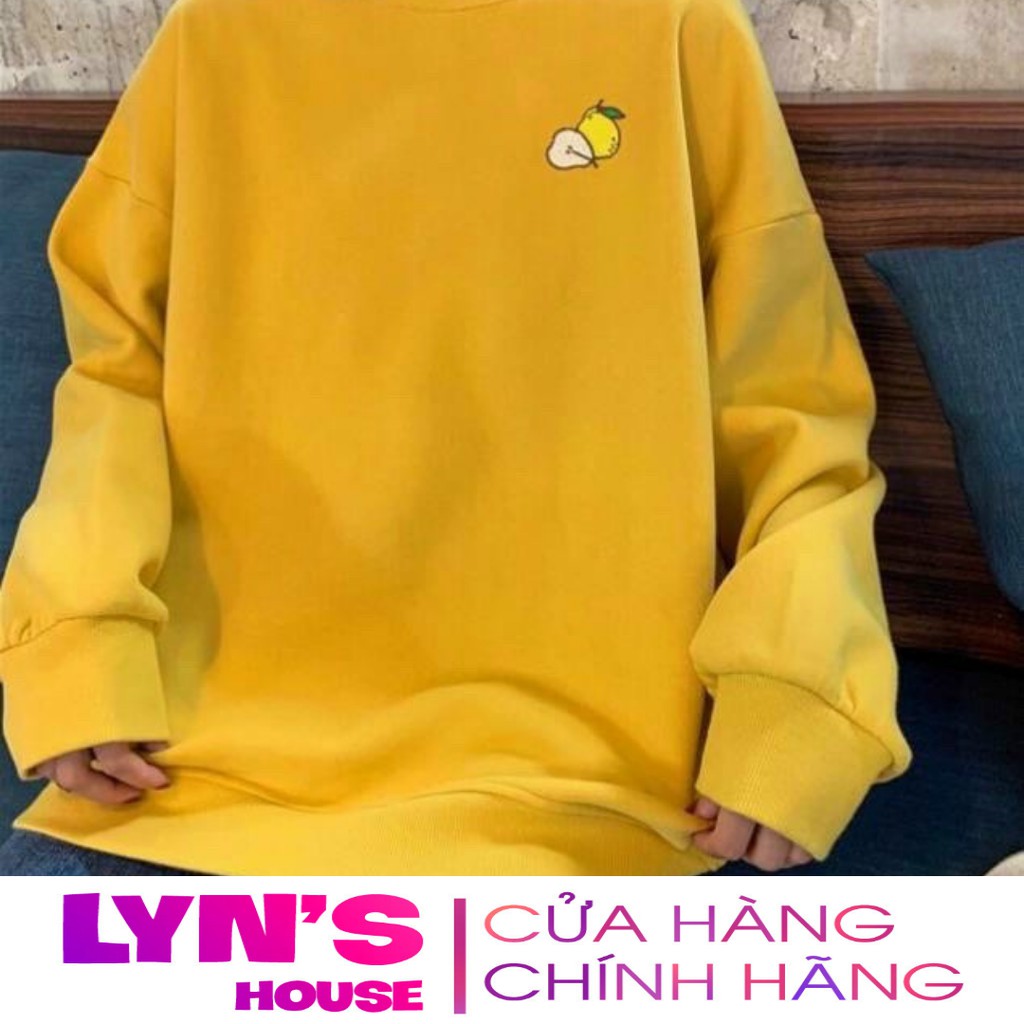 Áo tay dài sweater nỉ Lyn House thêu hình trái cây cho nam nữ và cặp đôi, form rộng unisex 4 màu hồng kem vàng xanh