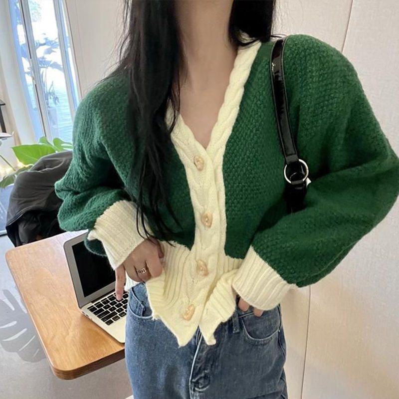 Áo Khoác Cardigan Dệt Kim Tay Phồng Màu Sắc Tương Phản Phong Cách Retro Thời Trang Thu Đông