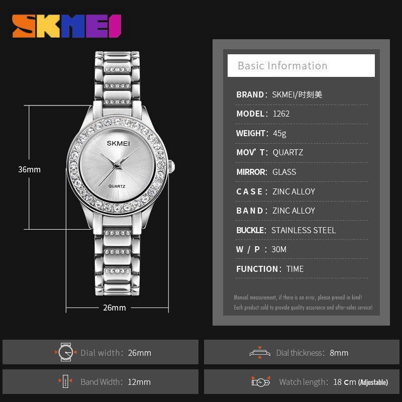 Đồng Hồ Chuyển Động Thạch Anh SKMEI 1262 Dây Thép Không Gỉ Chống Nước Cho Nữ