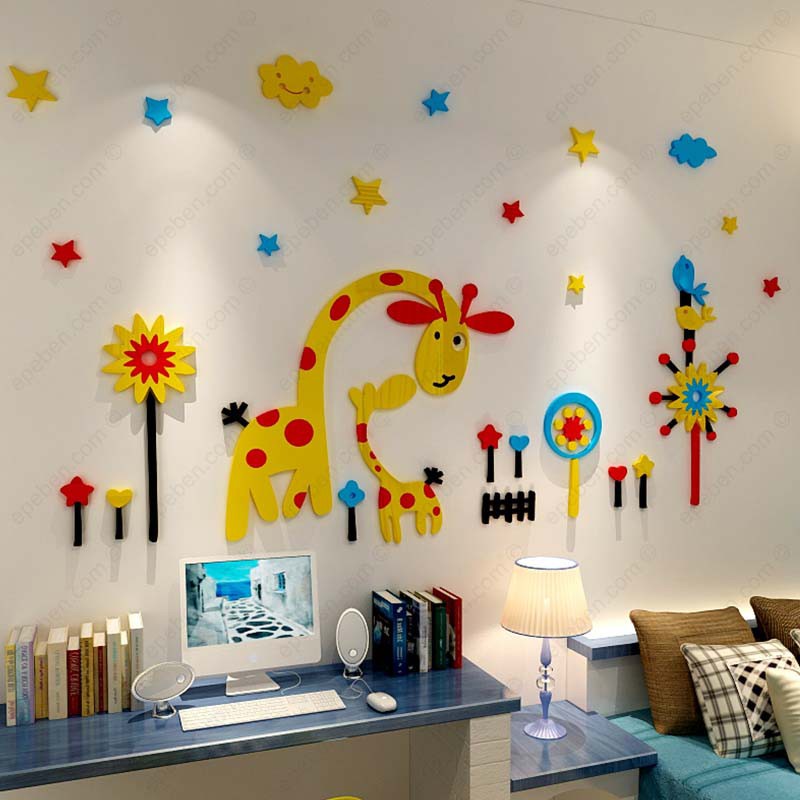 Tranh dán tường mica 3d decor khổ lớn hươu cao cổ trong vườn thú trang trí mầm non, phòng cho bé Nhiều Size - EPeBen