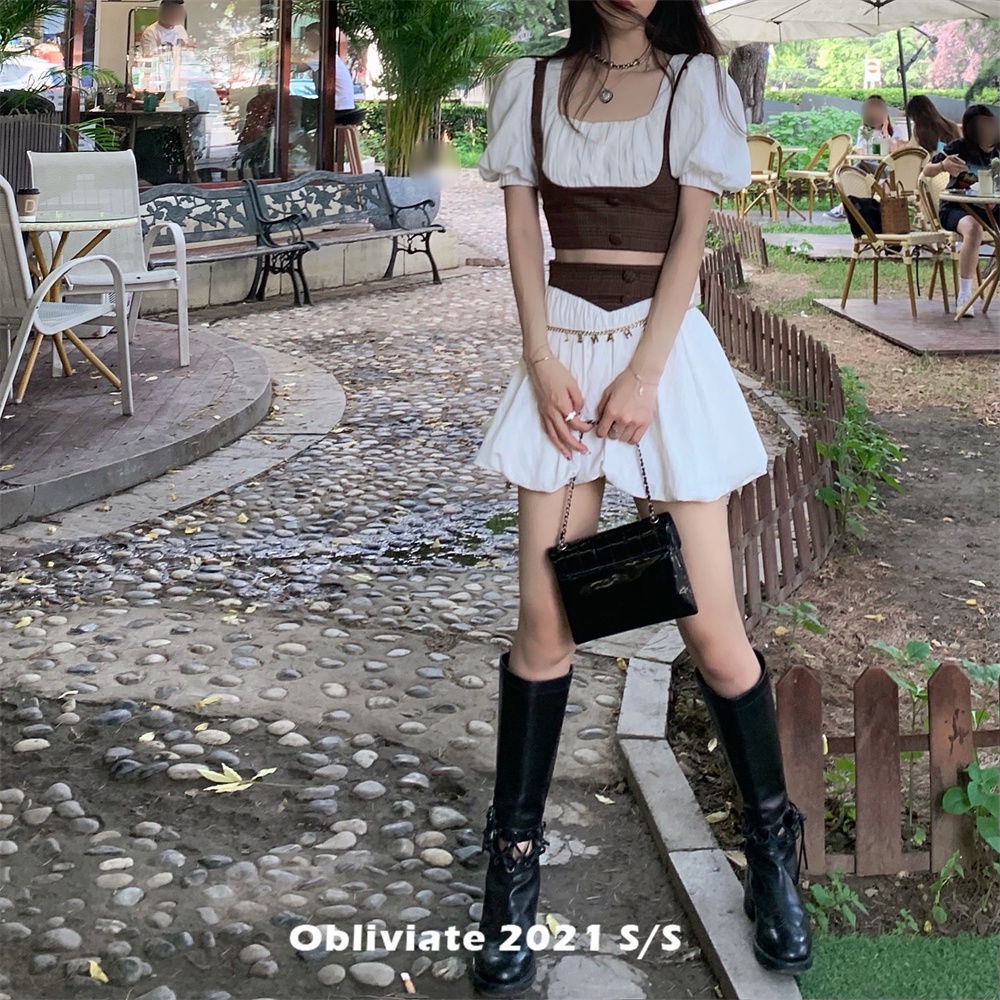 Bộ Đầm Công Chúa Cổ Vuông Màu Trắng Socola Phong Cách Retro Pháp