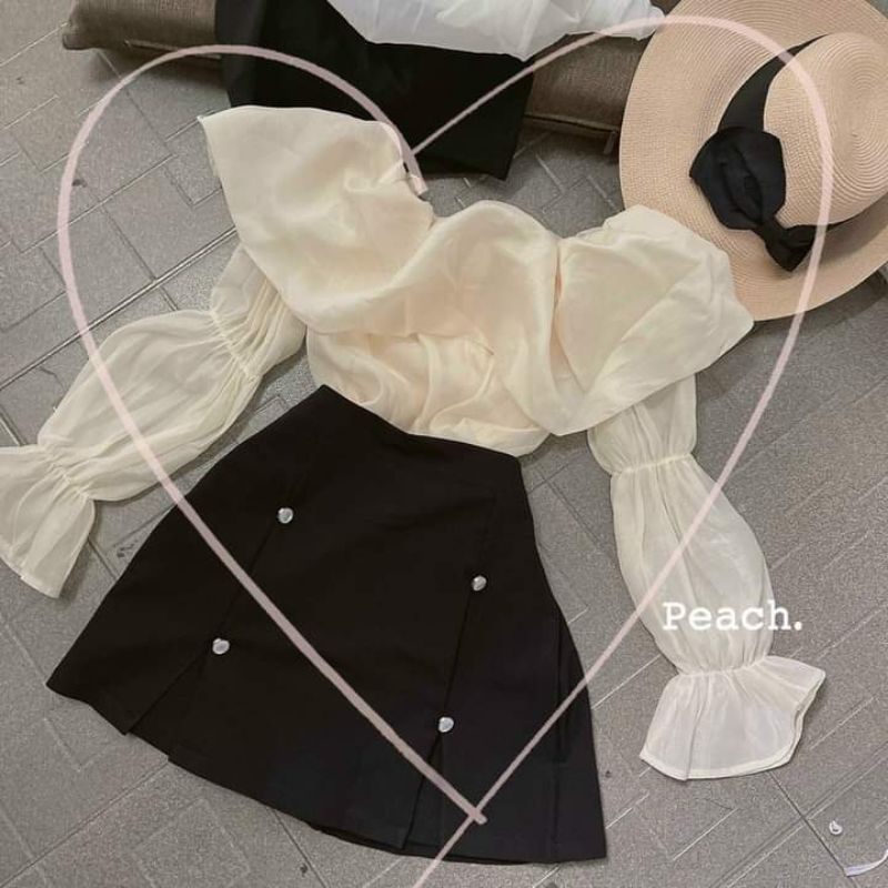 SET ÁO BẸT VAI TAY KHÚC + CHÂN VÁY ĐEN ĐÍNH NÚT