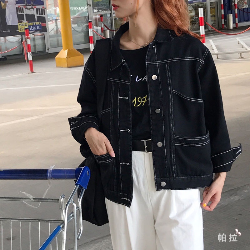 Áo Khoác Denim Tay Dài Dáng Rộng Màu Đen Thời Trang Xuân Thu 2020 Phong Cách Hàn Quốc Cho Nữ