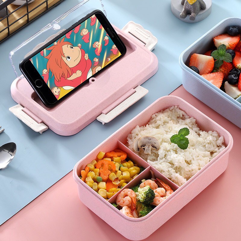 Hộp Đựng Cơm Văn Phòng Lúa Mạch Giữ Nhiệt 3 Ngăn Tặng Kèm Đũa Thìa Dùng Được Lò Vi Sóng