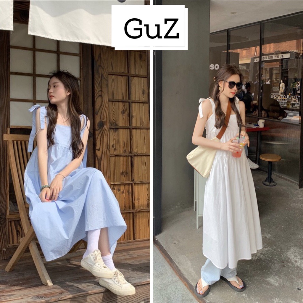 Váy hai dây trắng dáng dài buộc nơ trơn 2 màu xanh trắng đi biển GuZ