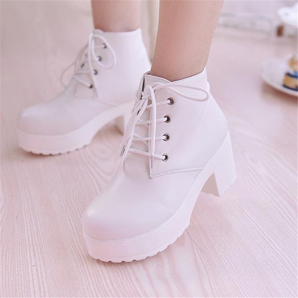 Giày Bốt Martin Nữ Ulzzang, Giày Da Cao Gót Cột Dây Đế Vuông 7cm Phong Cách Hàn Quốc, Vintage - Iclassy_shoes