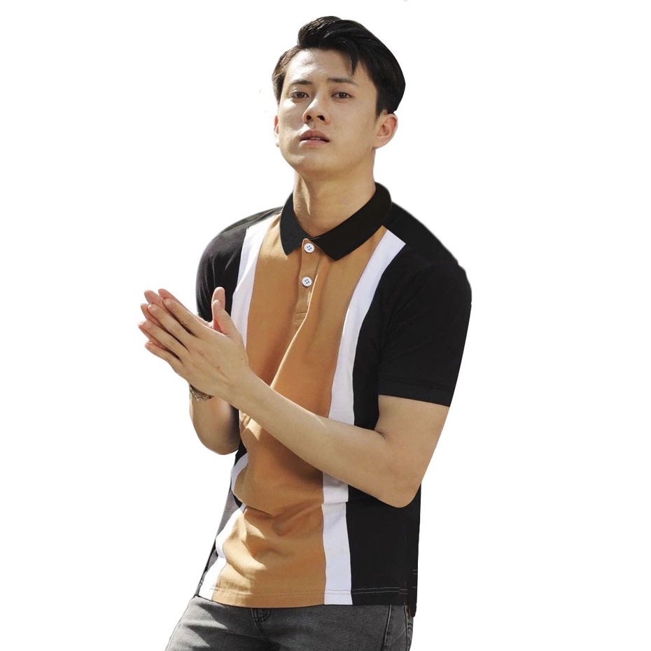 Áo Polo Nam đẹp FEEL GOOD basic -Áo thun nam có cổ trụ bẻ, phối sọc dọc cà phê đen trắng vải cá sấu poly